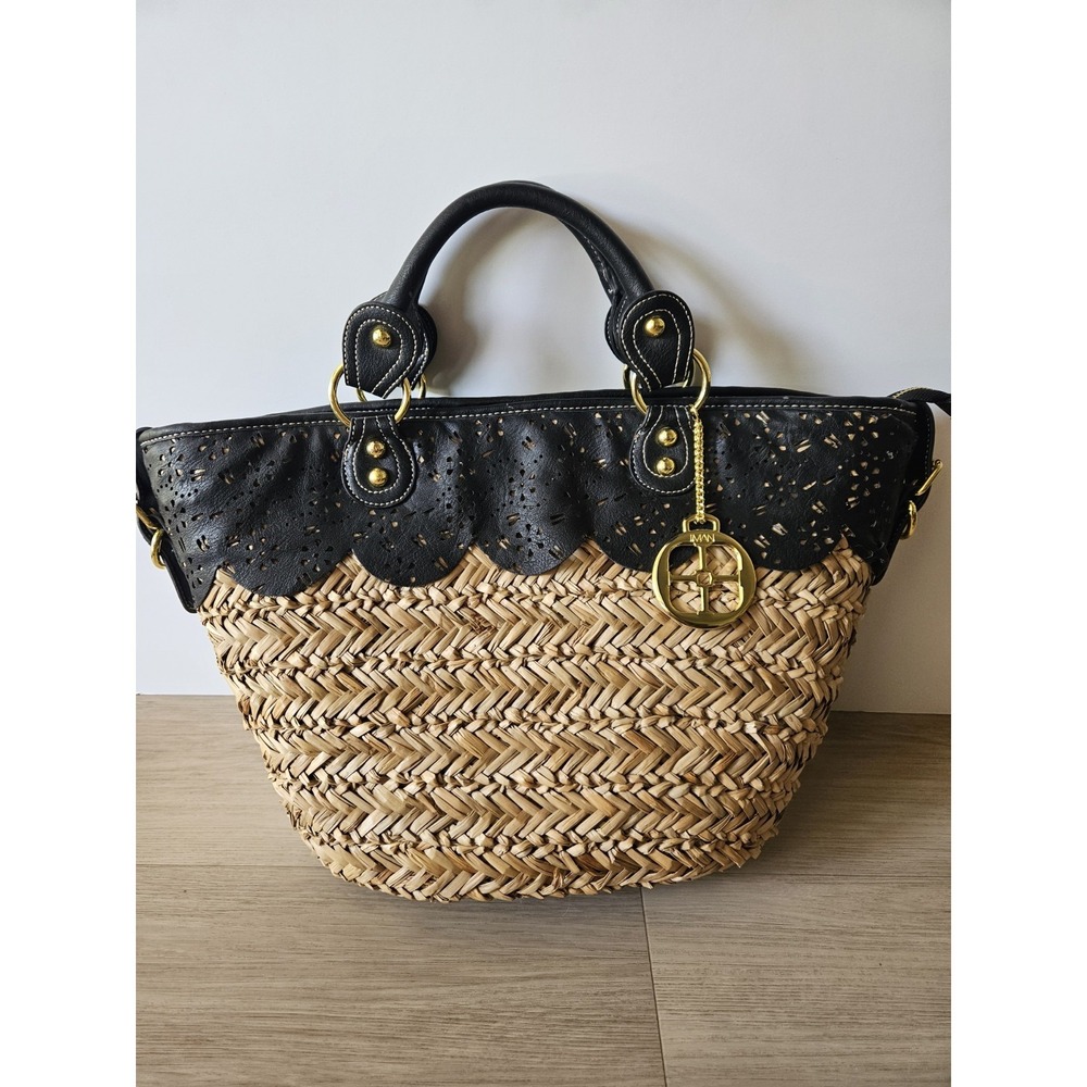 IMAN Global Chic Resort Woven Straw Tote Bag Black Leather Laser Cut Scalloped
